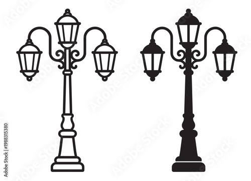 street lamp icon, vintage outdoor lighting lantern city pole urban classic decorative streetlight silhouette symbols on transparent background