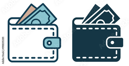 wallet money icon, cash payment finance business purchase shopping currency bill banknote transaction symbols on transparent background