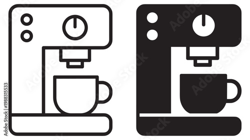 coffee machine icon, espresso maker cafe kitchen appliance drink beverage cup mug barista brewing equipment symbols on transparent background