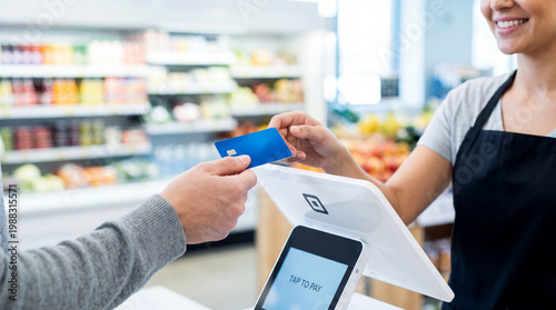Contactless payment credit card checkout counter cashier customer retail store shopper paying with card grocery checkout