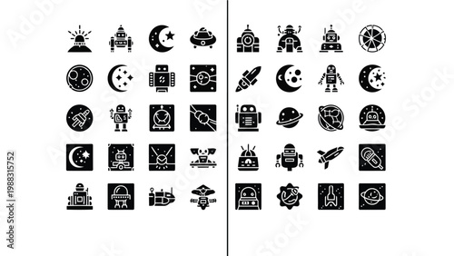 Collection of futuristic and space-themed icons with various elements and objects Vector