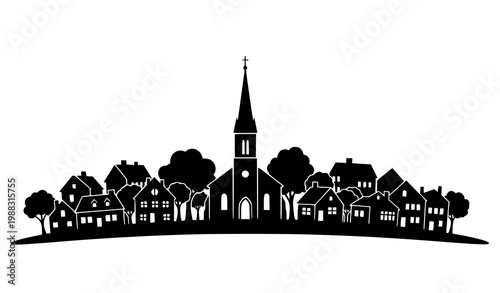 Pueblo iglesia silueta vector casas árboles