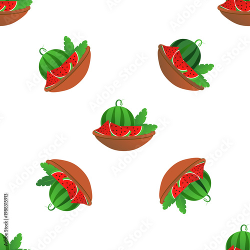 Seamless pattern of fresh watermelon slices and whole watermelons in bowls on transparent background