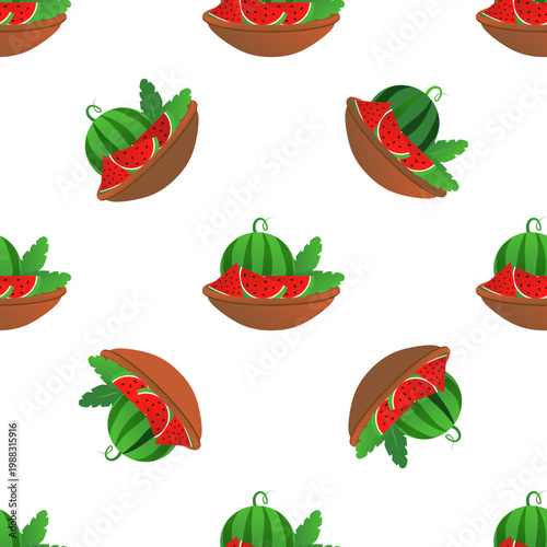Seamless pattern of fresh watermelon slices and whole watermelons in bowls with green leaves isolated on transparent background