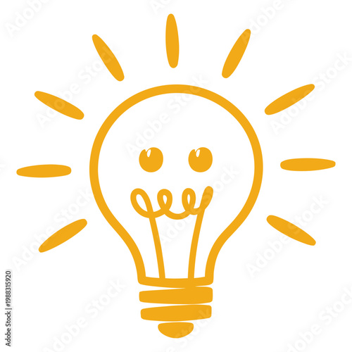 Vector of a smiling lightbulb with rays of light emanating from it.