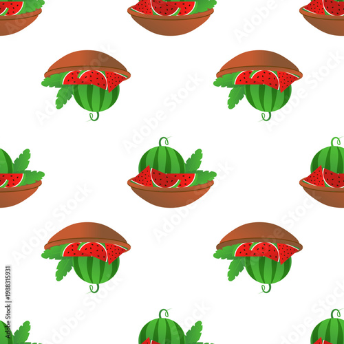 Seamless pattern of cartoon watermelons with slices and leaves isolated on transparent background