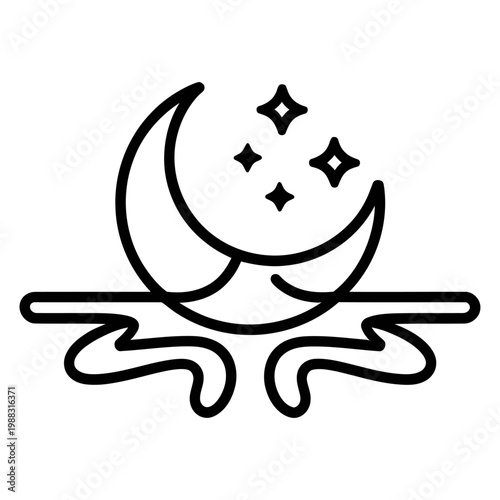 Vector of a crescent moon shining over a serene body of water at night