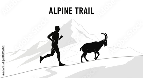 Runner and Ibex Ascend Alpine Trail, A Silhouette Design in Majestic Mountain Terrain