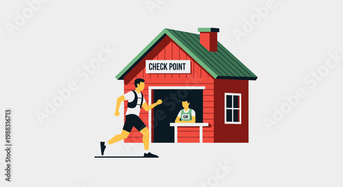 Runner Approaching Checkpoint at Competition with Red House and Green Roof, Winning Concept