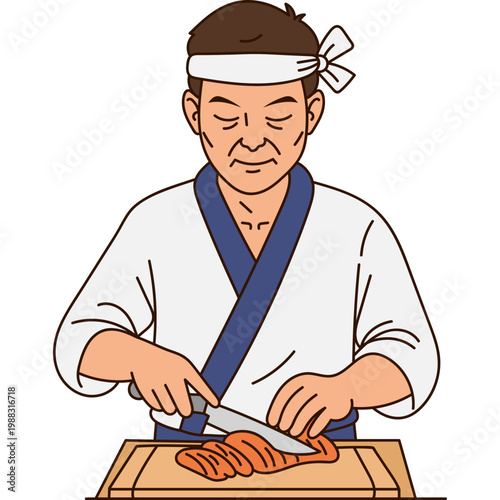 Japanese Sushi Chef Slicing Fish