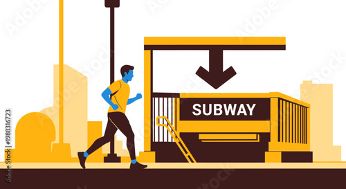 Runner Approaching Subway Entrance in Modern Cityscape, Symbolic of Urban Movement