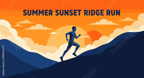Runner Ascending Hillside During Summer Sunset with Orange Sky and Billowing Clouds