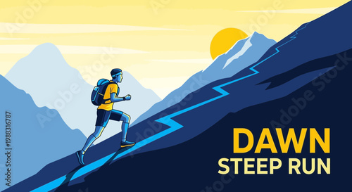 Runner Ascending Mountain At Sunrise Illustrating A Challenge And Overcoming Hurdles
