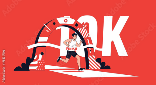 Runner Crosses Finish Line Celebrating 10k Race Victory Achievement