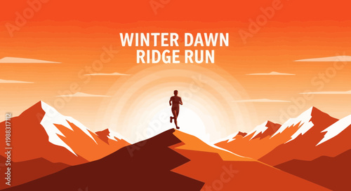 Runner Ascends Mountain At Dawn, Illustrating Winter Ridge Run With Vibrant Colors