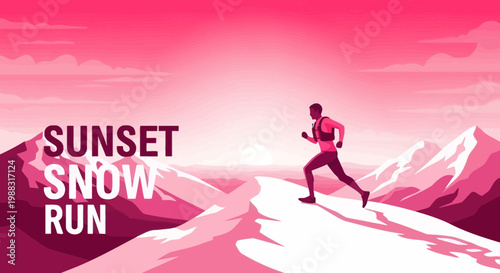 Runner Ascends Mountain Peak at Sunset During Vibrant Snow Run Achieving Goals