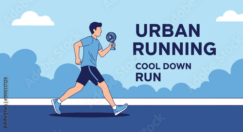 Runner Cooling Down After Intense Urban Run, Holding a Fan on a Cloudy Sky Backdrop