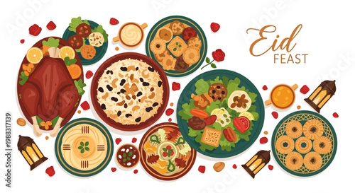 Eid Feast Celebration - Top View Overhead Shot Of Delicious Arabic Food Spread