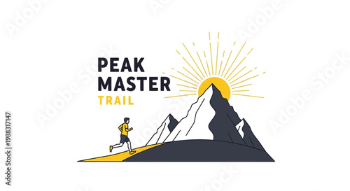 Runner Ascends Mountain Trail with Peak Master Logo Representing Fitness and Outdoor Adventure
