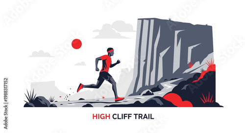 Runner Ascends Mountain Trail with Stunning Landscape View and Red Sun