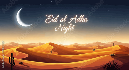 Eid Al Adha Night - Desert Landscape with Crescent Moon