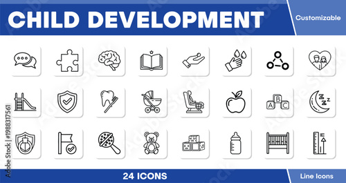 Child Development line icons, a comprehensive vector set of 24 customizable linear symbols for early childhood education and growth, baby care, and parenting resources.
