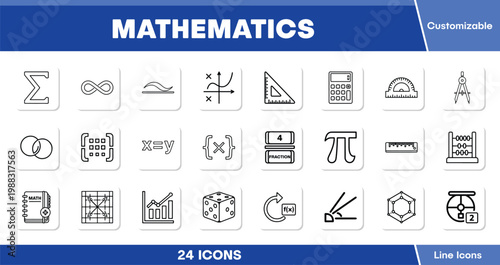Mathematics line icons set, 24 customizable vector icons for education and STEM. Math symbols, geometry tools, and algebra concepts for learning and scientific design.