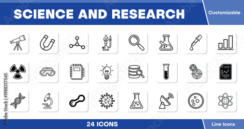 Science and Research vector icon set, 24 customizable line icons for scientific exploration, laboratory experiments, and educational resources, modern technology and discovery symbols