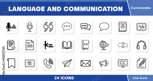 Language and Communication vector icons, 24 customizable line icons for global communication, speech, and translation. Essential graphic resources for web, app, and UI design.