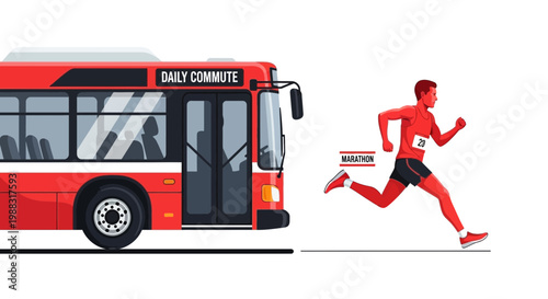Runner Compared to Bus: Daily Commute versus Marathon, Transportation and Exercise Concept