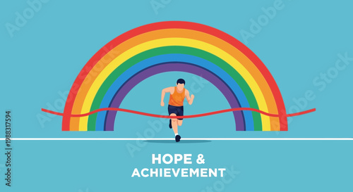 Runner Crossing The Finish Line, Victory Symbolized By Colorful Rainbow Background