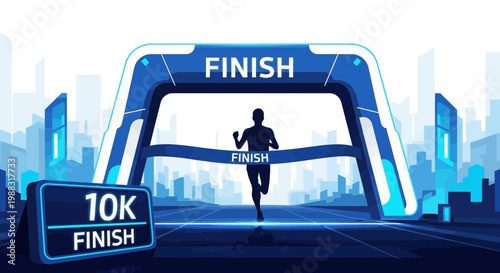 Runner Crossing Finish Line In Front Of City Skyline Achieving 10K Marathon Goals
