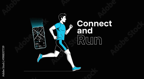 Runner Connected To Smartphone App Tracking Route During Exercise On Black Background
