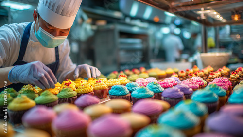 Pastry chef arranging colorful cupcakes on display tray.