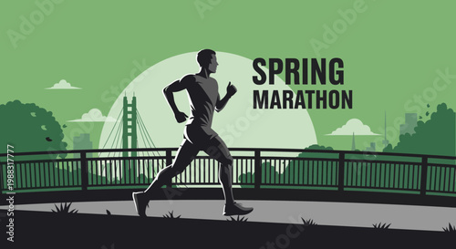 Runner During Spring Marathon In Modern Style Artwork, Vector Silhouette Illustration