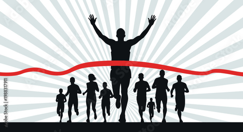 Runner Crossing Finish Line Silhouette, Achieving Triumph Over Peers, Victory Celebration
