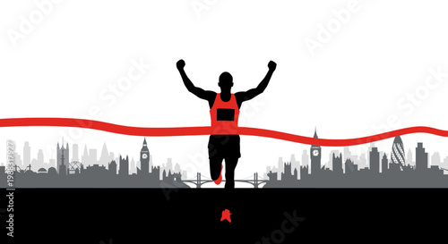 Runner Crossing Finish Line Silhouette With Cityscape Background Demonstrating Triumph And Victory