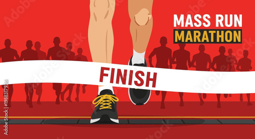 Runner Crossing Finish Line Towards Victory In A Large Marathon Race Competition