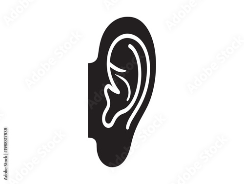Simple black and white illustration of a human ear isolated on a white background