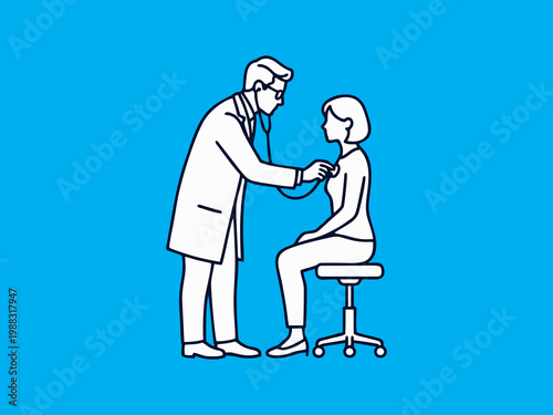 Doctor Examining Female Patient with Stethoscope in Medical Clinic on Blue Background