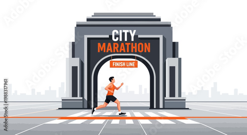 Runner Crossing Finish Line Under City Marathon Archway After Completing Race Event