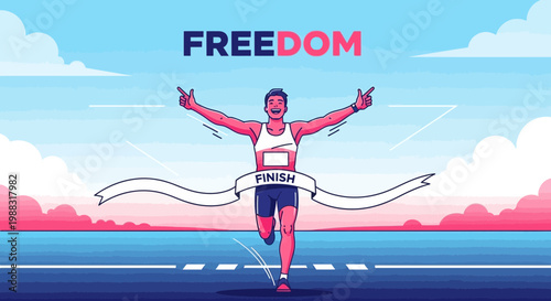 Runner Crossing Finish Line Under Freedom Sign During Marathon Run Concept Art