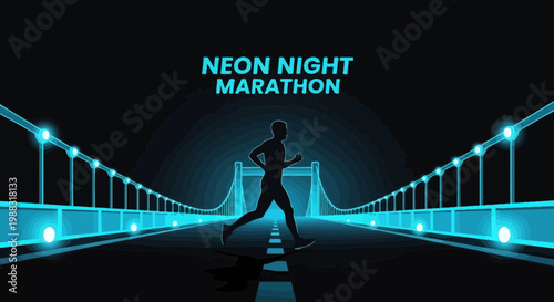 Runner Crossing Illuminated Bridge in Neon Futuristic Style During Night Race Event