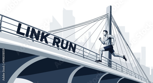 Runner Crossing Link Bridge Towards City, Energetic Individual with Urban Backdrop