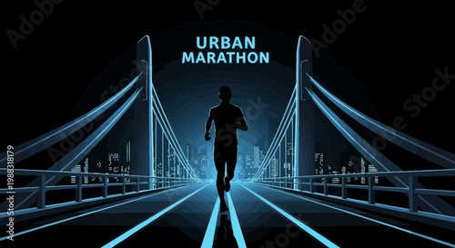 Runner Crossing Modern Bridge during Urban Marathon, Futuristic City Silhouette, Night Run
