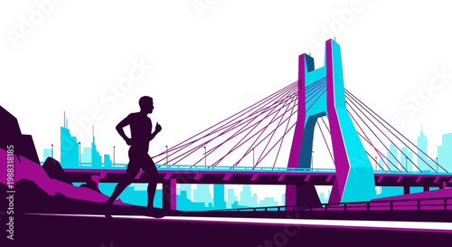 Runner Crossing Modern Bridge Silhouette: A Vibrant Urban Fitness Illustration