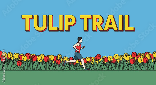 Runner Embarks On Tulip Trail, Running Across Field of Vibrant Colorful Flowers Under Blue Sky