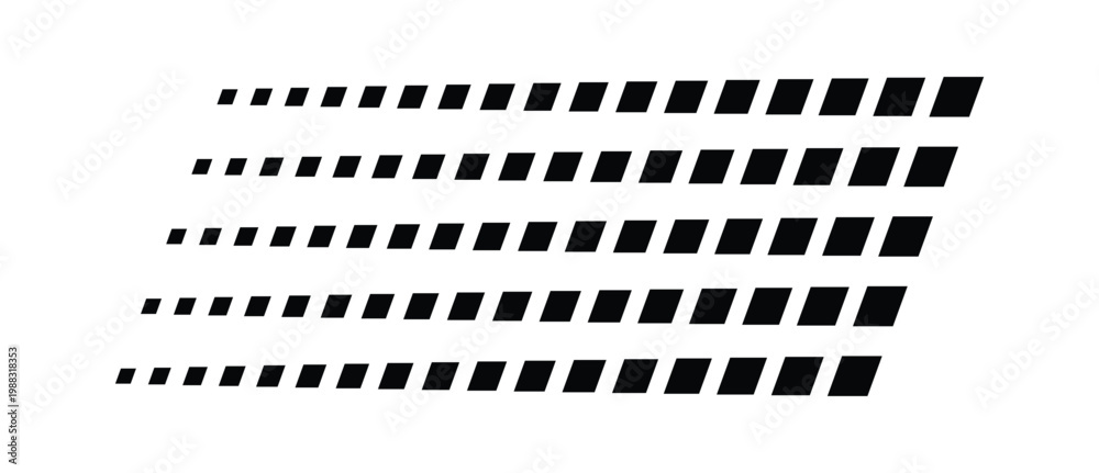 Fototapeta premium Racing diagonal dash pattern in motion style, angled rectangular streak lines showing speed effect, motorsport velocity graphic, isolated for formula one race events