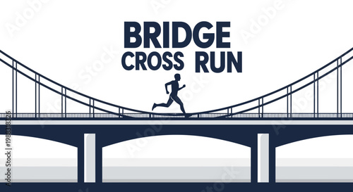 Runner Crossing Suspension Bridge at Sunset Silhouette Against White Background