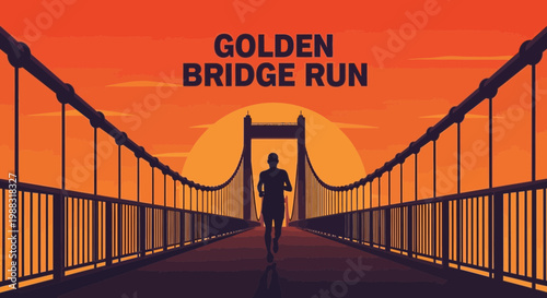 Runner Crossing Suspension Bridge at Sunset Silhouette Against Orange and Warm Horizon